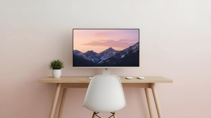 Minimal home office setup with modern monitor displaying mountain landscape, wooden desk, white chair, and simple decor, ideal for productivity, remote work, and design inspiration

