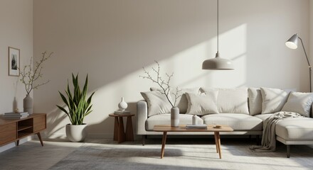 Sunlit living room with modern sofa and minimalist decor