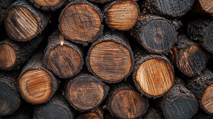 A rustic pile of firewood, neatly stacked with dark, sooty wood sticks. The charred and weathered texture highlights natural aging, fire use, and rural simplicity. Warm and earthy tones dominate.

