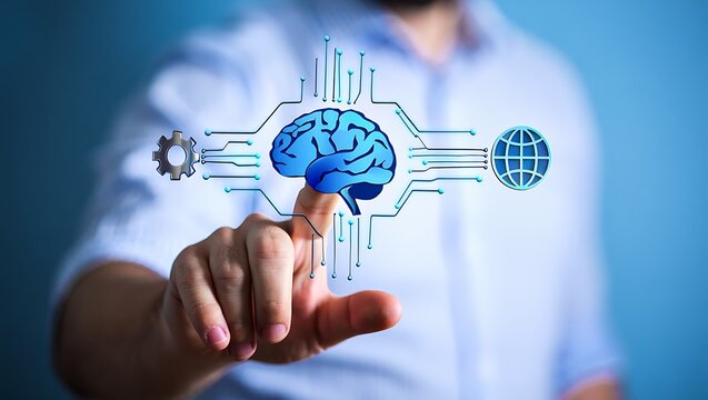 Man touching digital brain network with global and gear icons