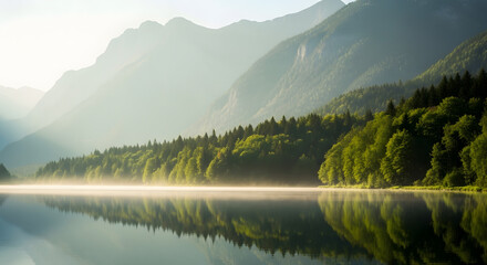 Fototapeta premium Serene mountain landscape with forest and lake, early morning mist, cinematic tones