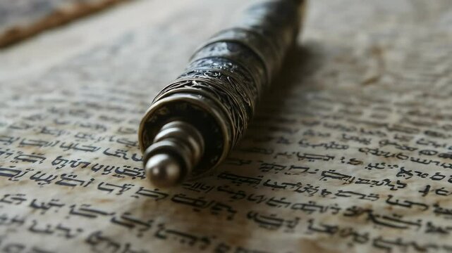 Ornate silver scroll case on aged text paper close-up detail