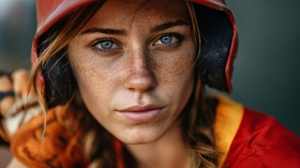 Intense gaze of a female athlete wearing a helmet before a game.