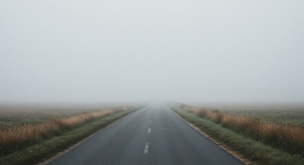 Obraz premium Eerie Fog-Laden Road Through Rural Landscape, Atmospheric Perspective, Minimalist Composition