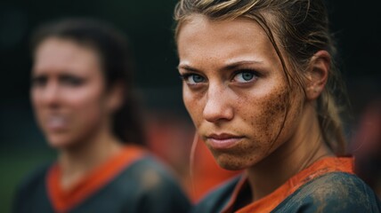 Determined woman with dirt on her face stares intensely after competition or training.