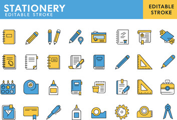 Stationery icons, editable stroke vector pack, school and office supplies illustrations, writing and crafting tools graphics, desktop organization visuals, study material symbols, design set