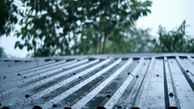 Rain falling on a corrugated metal roof on a rainy day