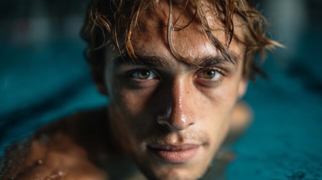 Portrait of a young man in a swimming pool, water droplets clinging to his face. - Powered by Adobe
