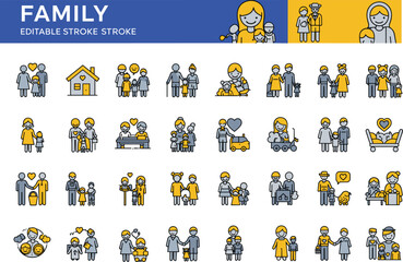 Family icons, editable stroke style, parent and child relationships, modern family vector set, parenting concept, caring illustration, love, support, happiness, family lifestyle design.