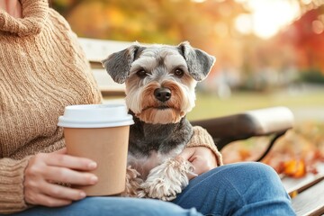 Miniature Schnauzer sitting on owner's lap in autumn park
