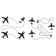 Line path vector icons of air plane flight routes with start point and 
dash line trace.