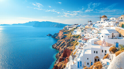 Naklejka premium Panoramic view of Santorini, Greece, featuring whitewashed buildings of Fira and Oia perched on volcanic cliffs. Aegean Sea glistens below. Ideal for travel backgrounds with soft blur and warm tones. 