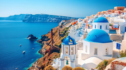 Panoramic view of Santorini, Greece, featuring whitewashed buildings of Fira and Oia perched on volcanic cliffs. Aegean Sea glistens below. Ideal for travel backgrounds with soft blur and warm tones.
