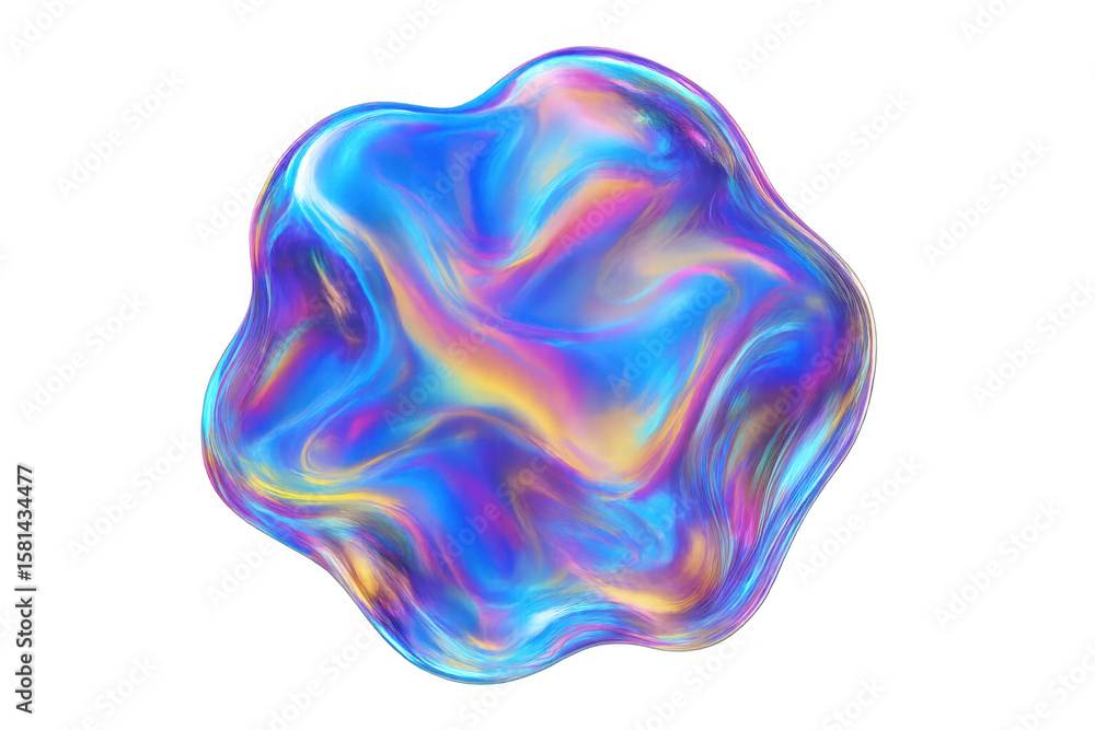Poster swirling iridescent fluid-like abstract shape blending vibrant colors against transparent background