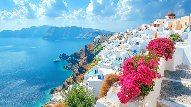 Panoramic view of Santorini, Greece, featuring whitewashed buildings of Fira and Oia perched on volcanic cliffs. Aegean Sea glistens below. Ideal for travel backgrounds with soft blur and warm tones.
