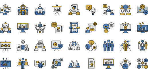Business teamwork icons, editable stroke vector set, innovation and strategy visuals, communication and meeting symbols, creative planning elements, collaboration concept graphics