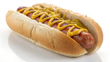 Classic Hot Dog with Yellow Mustard and Relish on White Background










