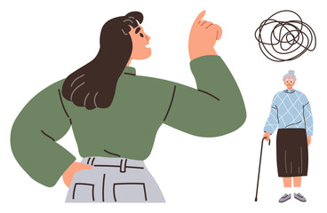 Young woman gestures with determination toward an elderly woman standing with a cane under a tangled thought bubble. Ideal for communication, caregiving, confusion, aging, problem solving, mental