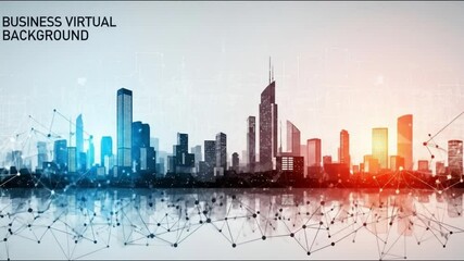 Cityscape silhouette with network overlay and reflection in blue and orange gradient light - Powered by Adobe