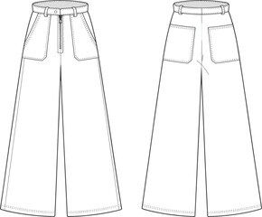 CAD drawing flat vector illustration of wide-leg pants front and back view fashion sketch apparel technical sewing template