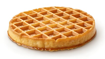 Golden Belgian Waffle with Maple Syrup Drizzle on White Background


