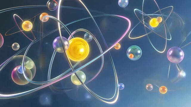 Dynamic abstract atomic structure with luminous spheres orbiting vibrant rings, symbolizing science, technology, and cosmic energy. Perfect for futuristic or molecular concepts.