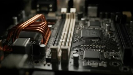 A detailed close up of a computer motherboard with visible chips and copper heat sink element - Powered by Adobe