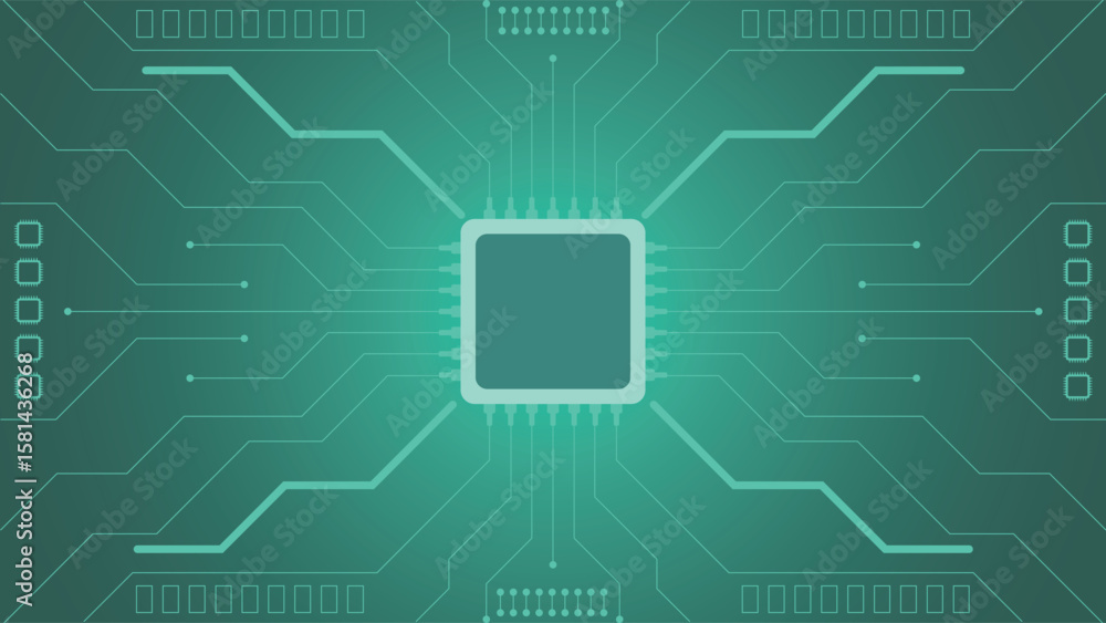 Poster modern green circuit board background featuring a central microchip and electronic lines perfect for
