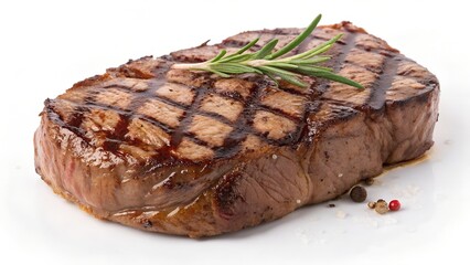 Grilled Steak with Crosshatch Marks and Fresh Rosemary Garnish on White Background

