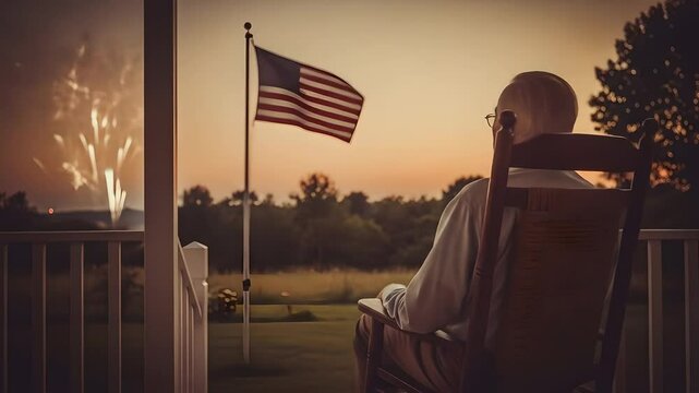 Senior man watches fireworks, American flag waving from porch rocking chair at sunset for July 4th, patriotism, retirement, family values, holiday celebration themes.