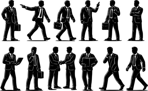 Black-and-white silhouettes of twelve business professionals in various dynamic poses, illustrating corporate culture, teamwork, communication, and workplace versatility