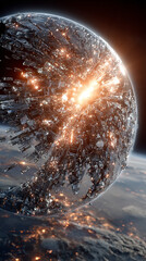 A dramatic depiction of the Earth shattered into fragments, symbolizing global chaos, division, and conflict. Dark tones and cracks emphasize instability, crisis, and a fractured world order.

