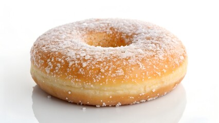 Golden-Brown Donut Dusted with Powdered Sugar on Reflective White Surface

