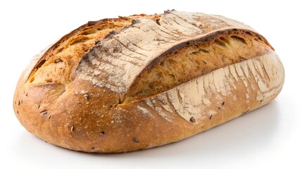 Freshly Baked Artisanal Bread Loaf with Golden Crust and Distinctive Scoring on White Background

