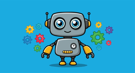 Cute Cartoon Robot Character with Colorful Gears