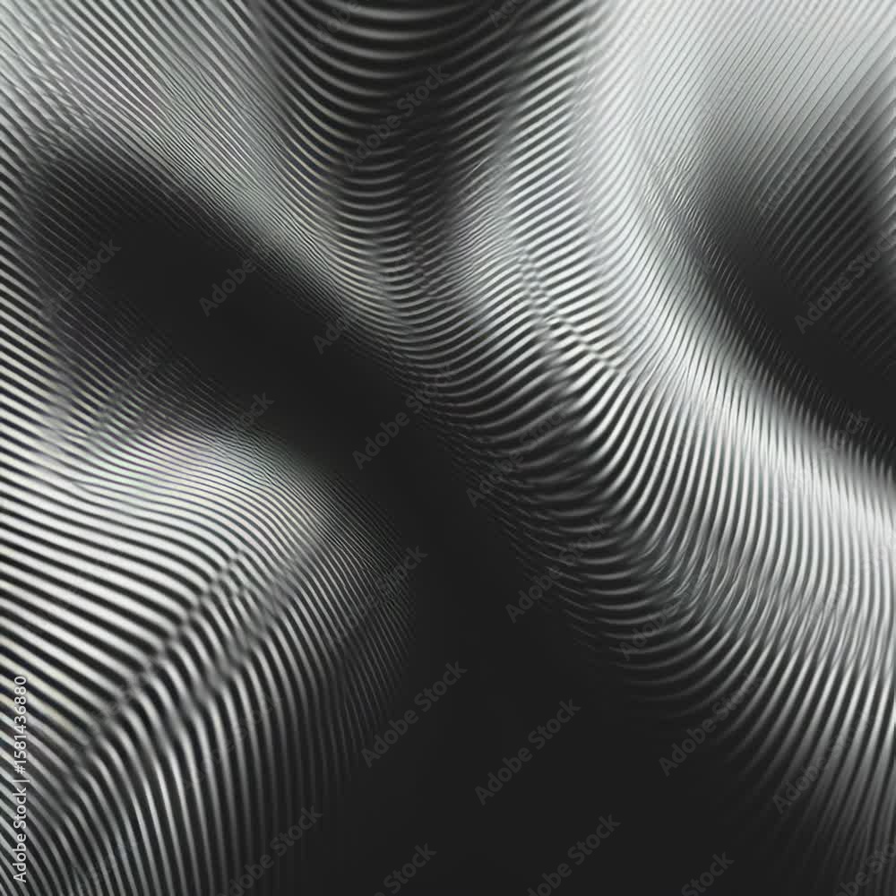 Poster abstract black and white striped waves flow across a surface, creating a dynamic, rippling pattern. 