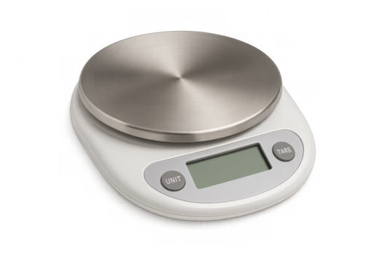 Modern digital kitchen scale with tare and unit buttons, featuring a stainless steel platform, isolated on a transparent background