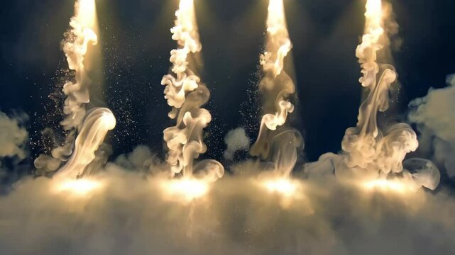 Four powerful beams of golden light pierce through ethereal smoke and rising particles, creating an abstract and dynamic visual effect perfect for backgrounds, transitions, or magical concepts.