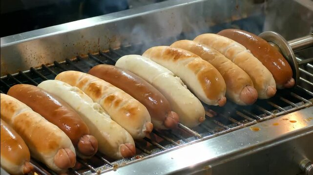 Hot dogs wrapped in golden-brown buns slowly cook and rotate on an automated roller grill, emitting steam. Perfect for street food, fast food, snack, or convenience store concepts.