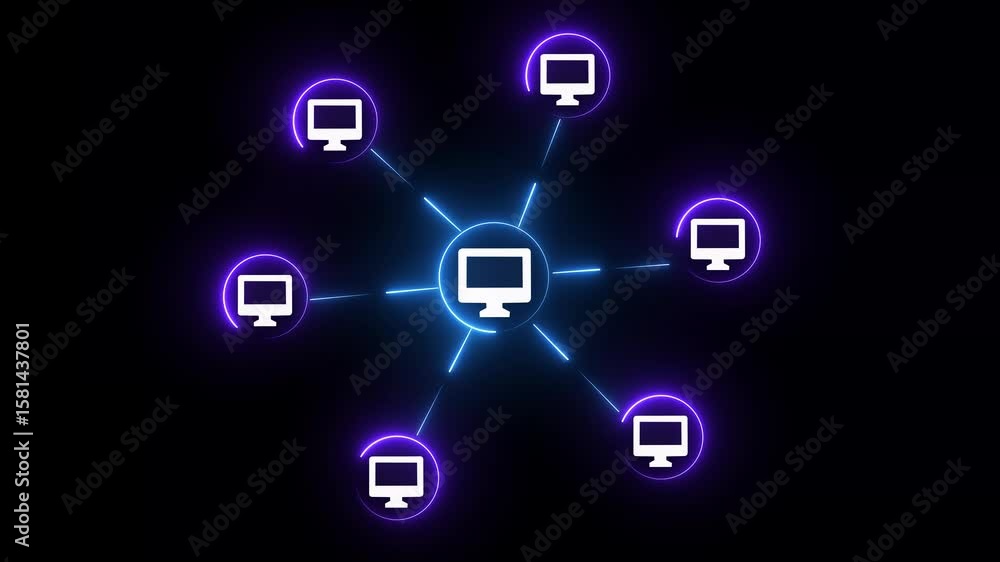 Poster animation of star topology icon with cyan color neon on black background .abstract glowing graph ico