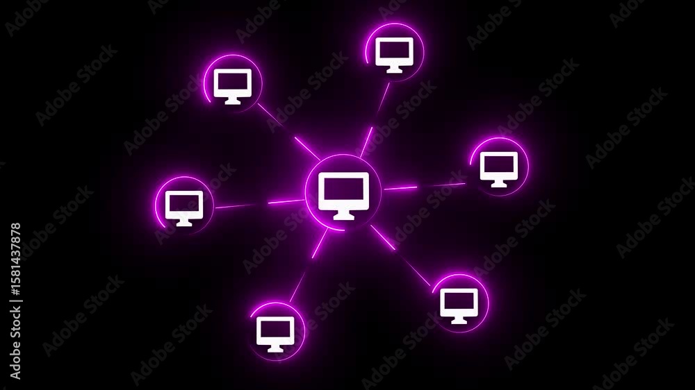 Poster animation of star topology icon with pink color neon on black background . networking topology anima