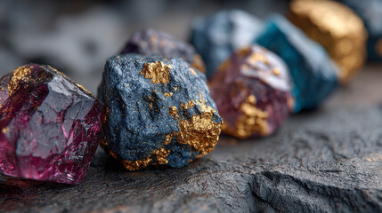 Glittering minerals represent rare earth elements, emphasizing their crucial role in global economics and high-tech industries. Symbol of scarcity, value, and geopolitical tension. Caption space on si