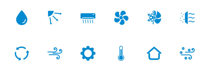 Fototapeta premium Cooling interface icon with water drops, air conditioner, fan, temperature, air purifier, ionizer.