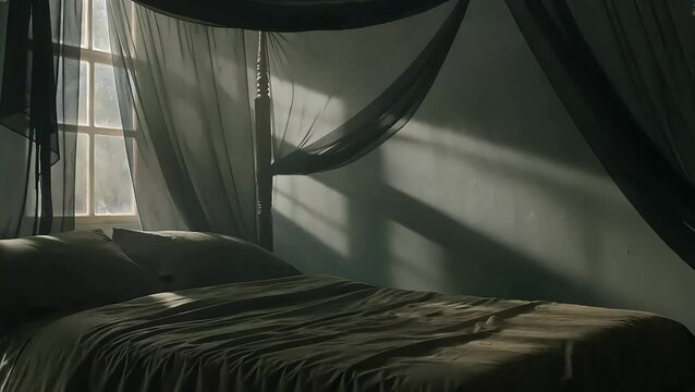 Sunlight streams into a moody bedroom, highlighting a four-poster bed with dark flowing drapes and dramatic wall shadows.