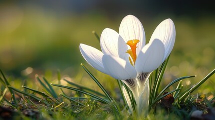 White Crocus Flower in Soft Natural Light Blooming