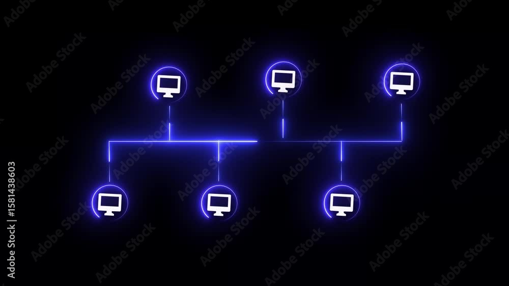 Poster animation of bus topology icon with bule color neon on black background .topology icon, animated bus