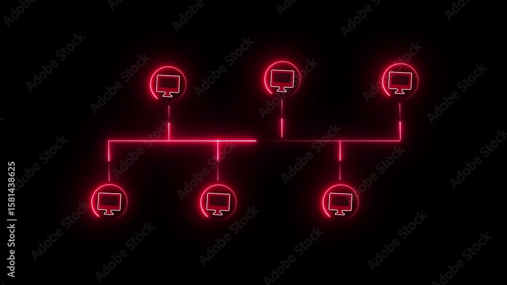 Poster technology, internet and network concept communication network . neon glowing bus network topology w