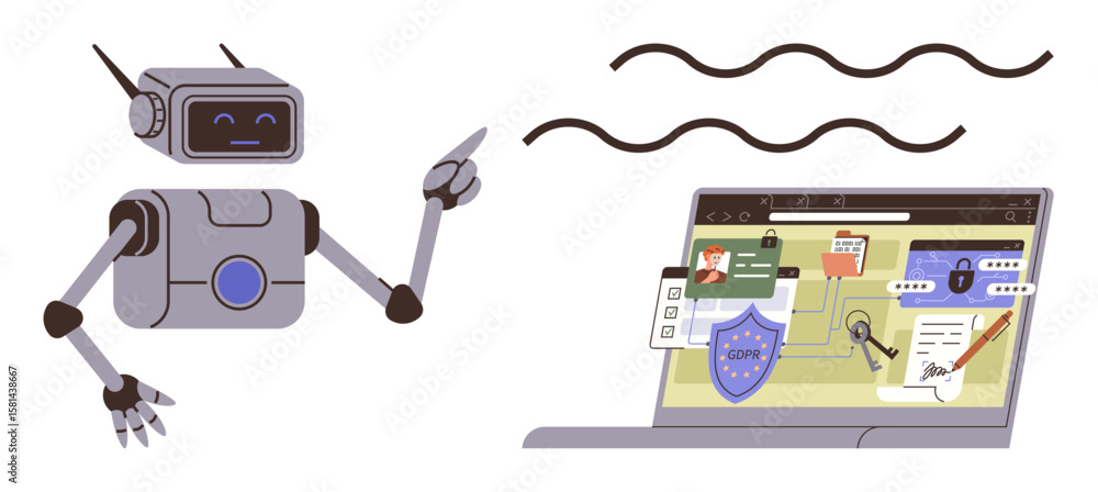 Poster humanoid robot points at laptop displaying digital workspace with documents, security shield, and ic