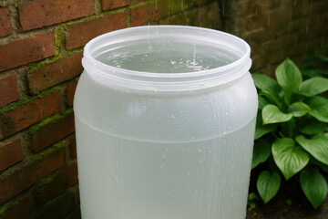 Naklejka premium Large plastic rainwater barrel collecting fresh water outdoors during rainfall in garden near brick wall and green foliage