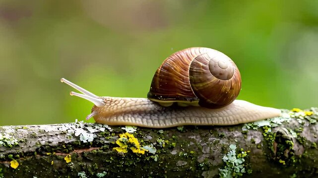 A garden snail slowly moves along a mossy tree branch against a vibrant green background, showcasing its unique spiral shell and delicate tentacles. Naming Snail Moving on Mossy Branch.